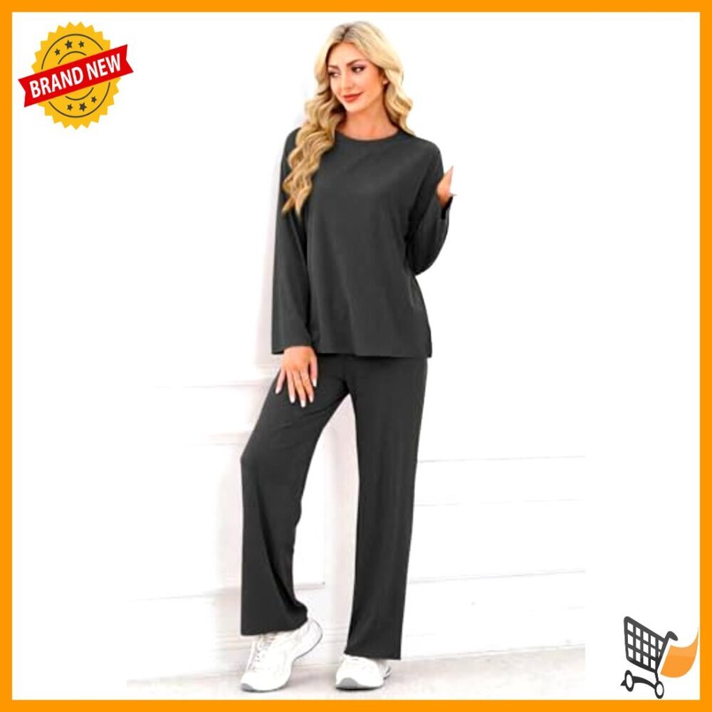 Soft Lounge Set Long Sleeve Top Wide Leg Pants Comfortable Travel Casual Wear - Picture 5 of 7